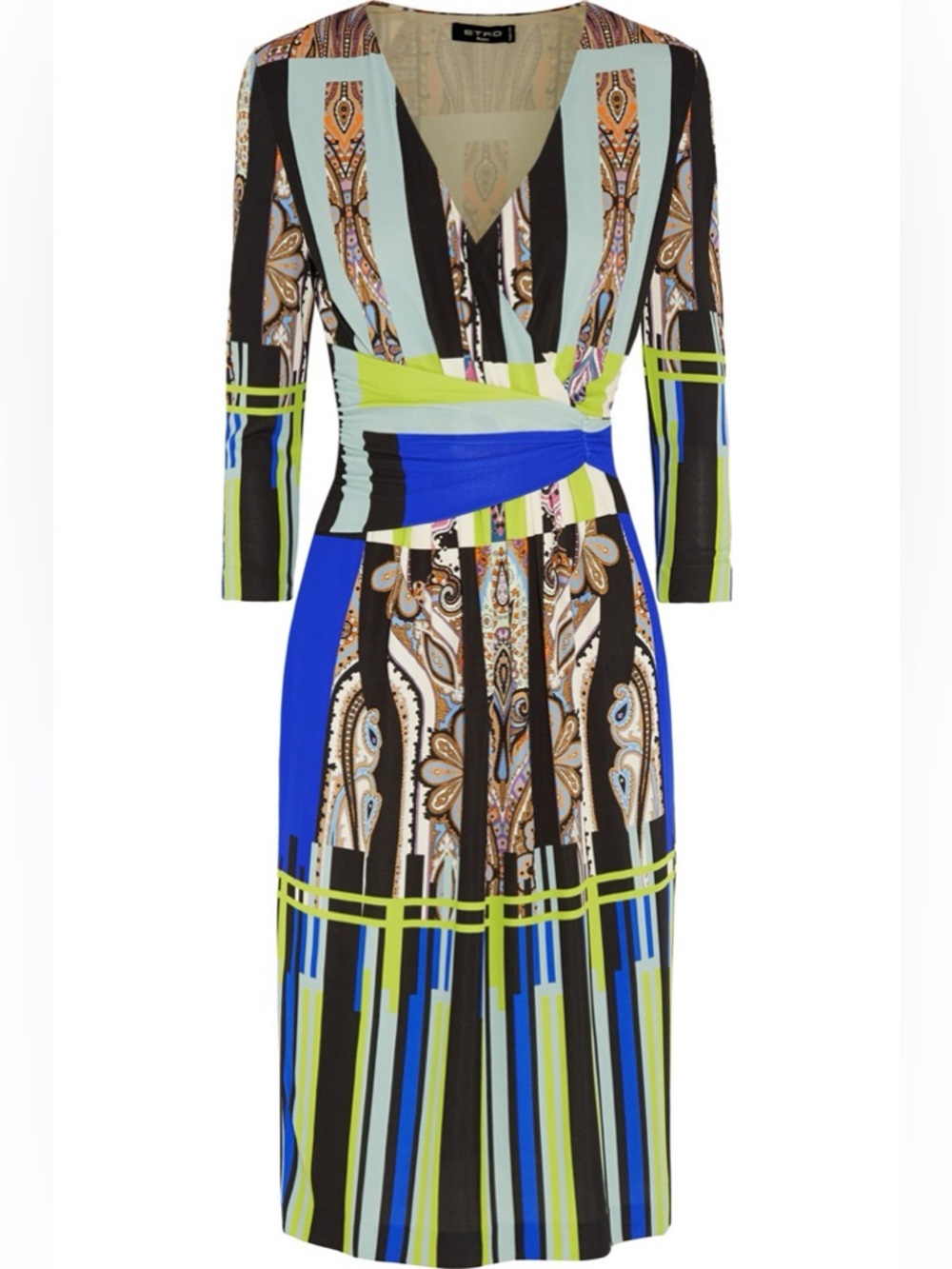 Etro Long-Sleeve Paisley & Stripe Wrap Dress in Blue, Black & Green